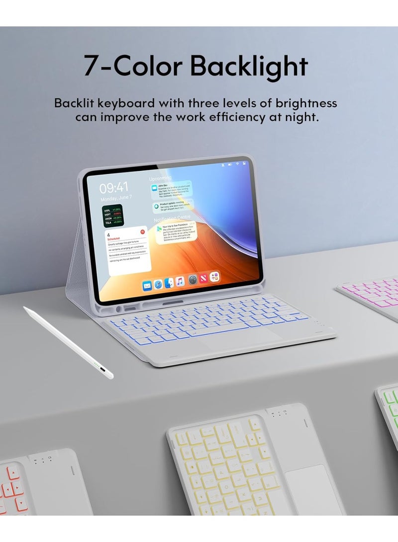 جراب لوحة مفاتيح عربي/إنجليزي للايباد Air 11 إنش (M3/M2، 2025/2024) و iPad Pro 11 إنش (الجيل 4/3/2/1) و iPad Air الجيل 5/4، مزود بقلم، إضاءة خلفية بـ 7 ألوان، لوحة تتبع متعددة اللمس، قناتان بلوتوث، لون أبيض - Image 4